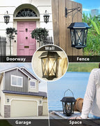 Solar Lanterns Outdoor Waterproof, Hanging Solar Lights with Glass Shade - 2 Pack LED Metal Wall Mount Outdoor Light for Yard/Garden/Patio - Black