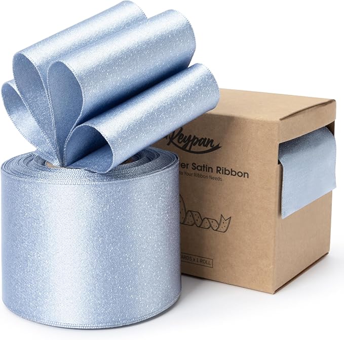 Light Blue Satin Wired Ribbon 2-1/2 Inch Double-Faced Sliver Glitter Christmas Ribbons for Wreath, Tree Decoration, Gift Wrapping, Home Decor 10 Yards