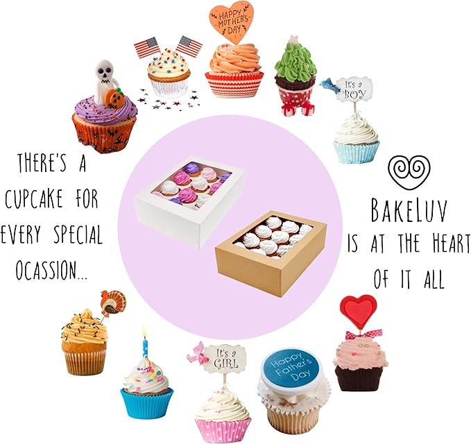 BAKELUV Brown 12 Cupcake Boxes, Cupcake Containers | 13x9.5x4, 50 Pack