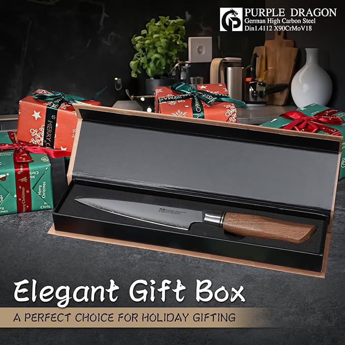 Purple Dragon Kitchen Utility Knife 5.1 Inch, Vg10 Steel Ultra Sharp Blade, Small Kitchen Fruit Paring Knife with Ergonomic Wooden Handle, Gift Box