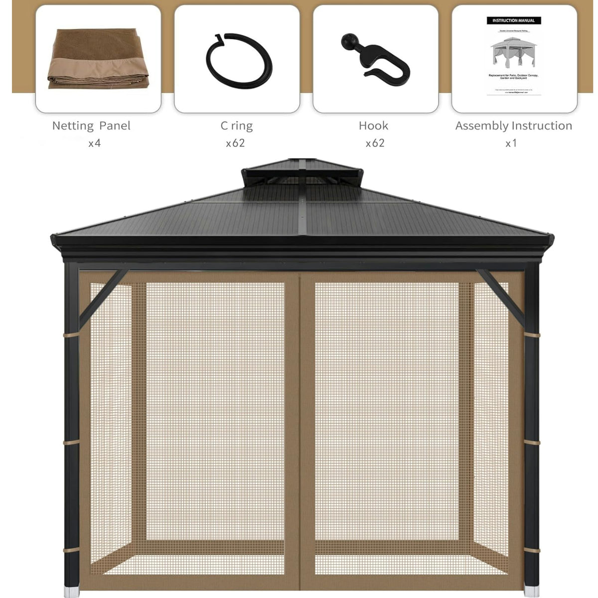 OIPUNSHLE 10x10 Gazebo Universal Replacement Mosquito Netting, Brown