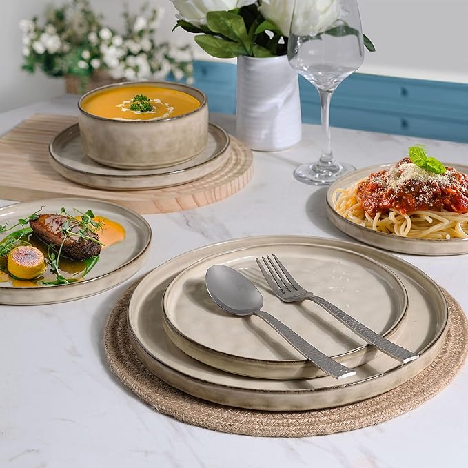 LIANYU Dinnerware Set for 4, 12 Piece Plates and Bowls Ceramic Dish Set, Includes Dinner Salad Plates, Cereal Bowls, Microwave & Dishwasher Safe, Sandy Beige
