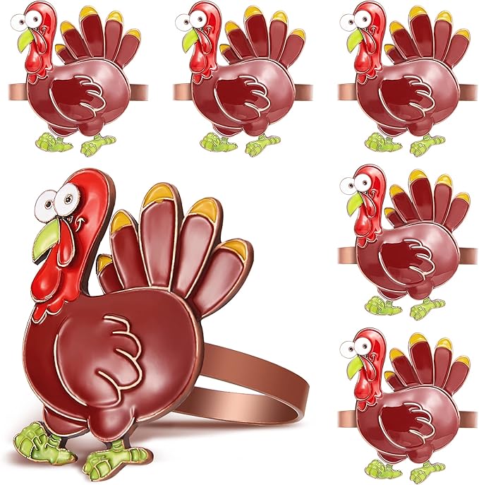 Halatool Thanksgiving Colorful Turkey Napkin Rings Set of 6, Funny Metal Festival Napkin Holders for Thanksgiving Weddings Holidays Gathering Dinner Party Decorations