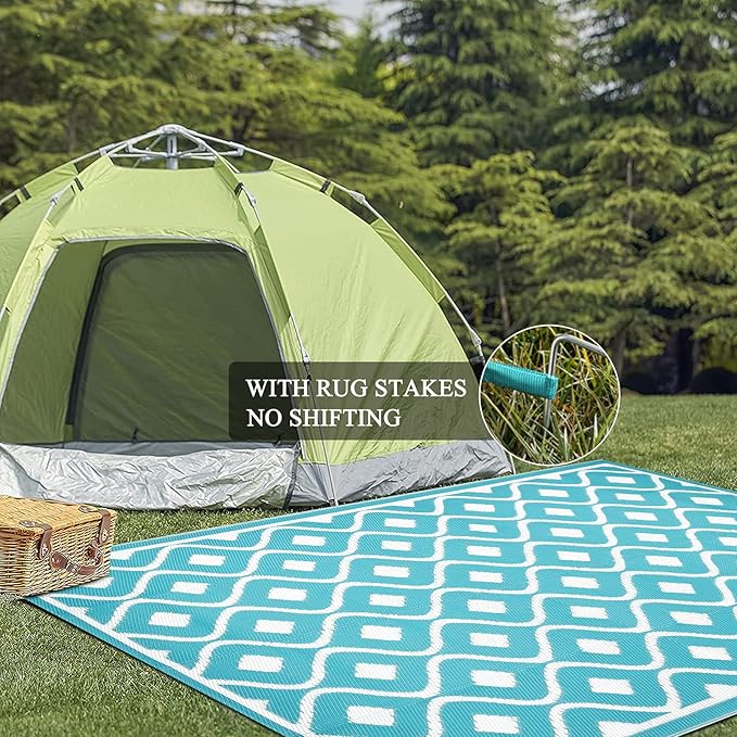 Pauwer Waterproof Outdoor Rug 6x9, Reversible Plastic Straw Patio Camping Rug, Indoor Outdoor RV Mat Carpet for Deck, Camper, Porch, Balcony, Backyard, Picnic, Geometric Teal