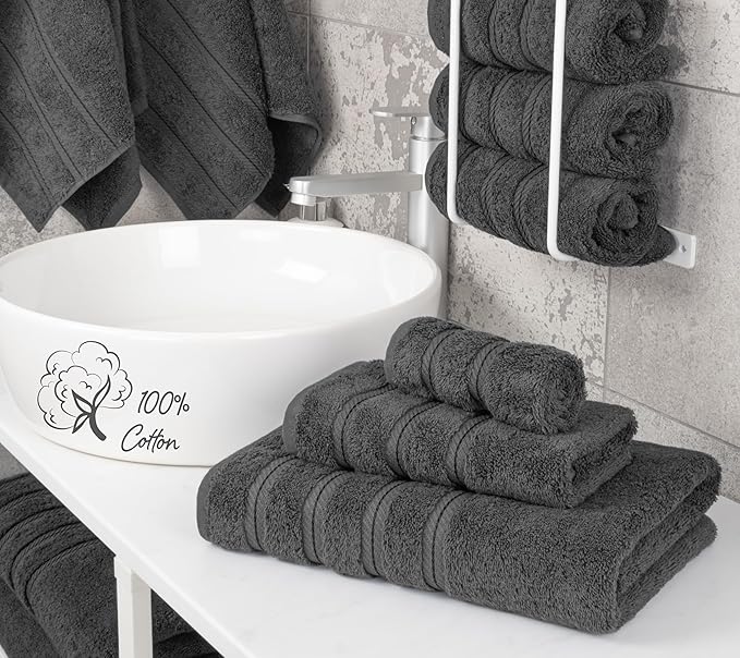 American Soft Linen Premium 3 Piece Towel Set, 1 Bath Towel 1 Hand Towel 1 Washcloth, 600 GSM 100% Cotton Turkish Towels for Bathroom, Dark Gray Towel Set
