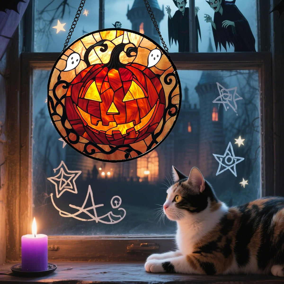 Stained Glass Window Hanging - Halloween Decorations Evil Pumpkin Orange Suncatcher for Doors Garden Indoor Funny Spooky Sun Catchers Gothic Decor Horror Gifts for Women Men Friend 15 in