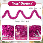 50 Feet Fuchsia Christmas Tinsel Garland, Metallic Foil Twist Banner Wall Hanging Tinsel Streamers Backdrop for Parade Floats, Christmas, Mother's Day, Birthday Party Decorations(2in x 50ft)