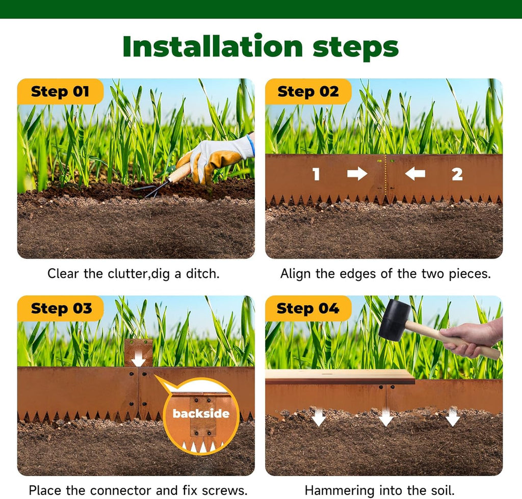 Steel Garden Metal Landscape Edging 40 inch with Top Bending Protection Pre-Rusted Steel Garden Edging 6 Inch Depth 90 Degree Bend 6 Pack for Lawn Yard (6 inch-90 Degree Bend, Rusted)