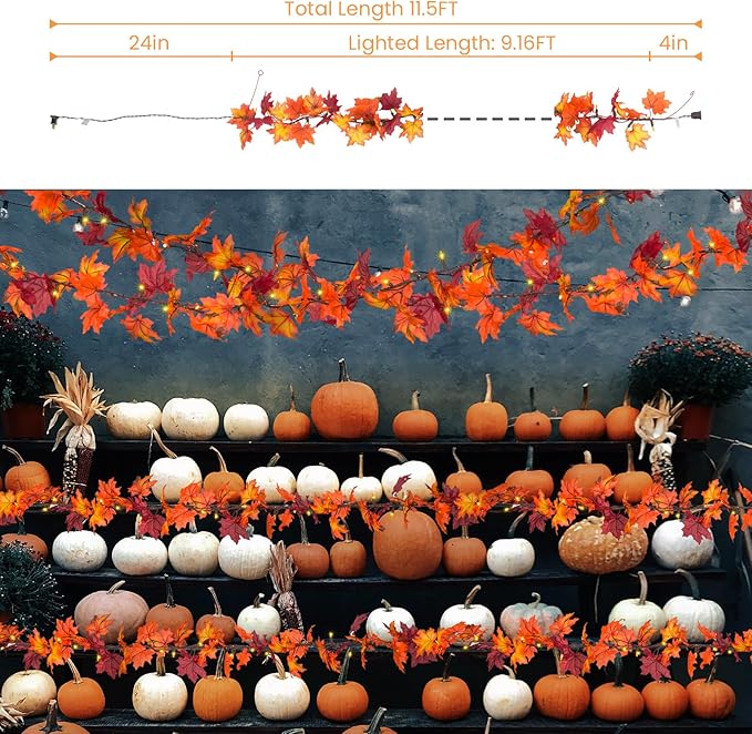 Fall Decor Thanksgiving Decorations for Home Lighted Fall Leaves String Lights, 11FT Thanksgiving Lighted Fall Leaf Garland Lights, 50 Orange Bulbs Lighted Fall Garland with Lights Plug in Outdoor