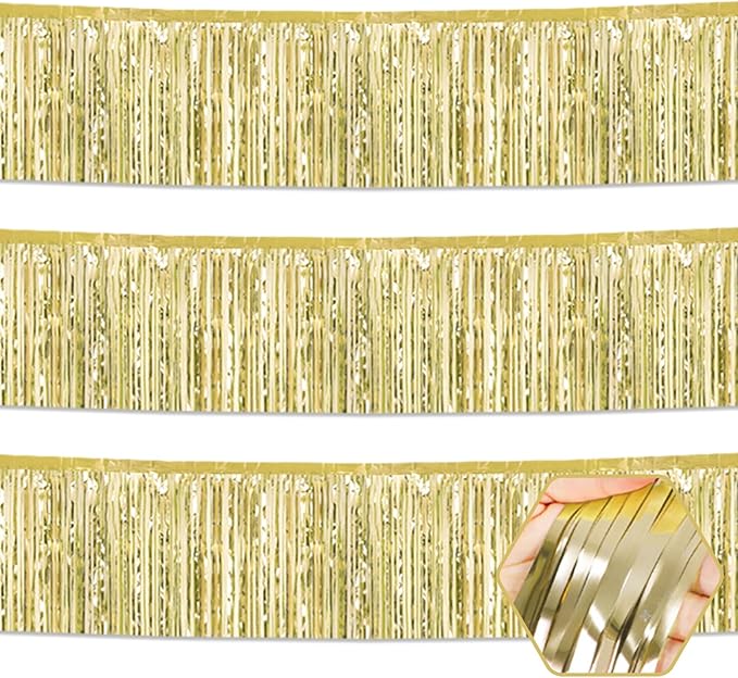 3 Pack 10 Long Light Gold Metallic Foil Fringe Garland Wall Hanging Tassle Banner, Mother's Day, Easter, Parade Floats, Birthday, Theme Party, Wedding Party Decorations
