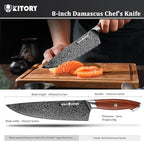 73 Layers Damascus Chefs Knife 8", 10Cr15CoMoV HC Super-Steel cutting core, Japanese Style Kitchen Knife, Full Tang Sandalwood Handle, w/t gift box