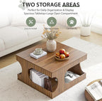 31.5" Square Coffee Table with Storage, Mid-Century Modern Center Table with Arched Cutouts and Carved Lines, 2-Tier Tea Table for Living Room, Cat-Friendly Base (Walnut)