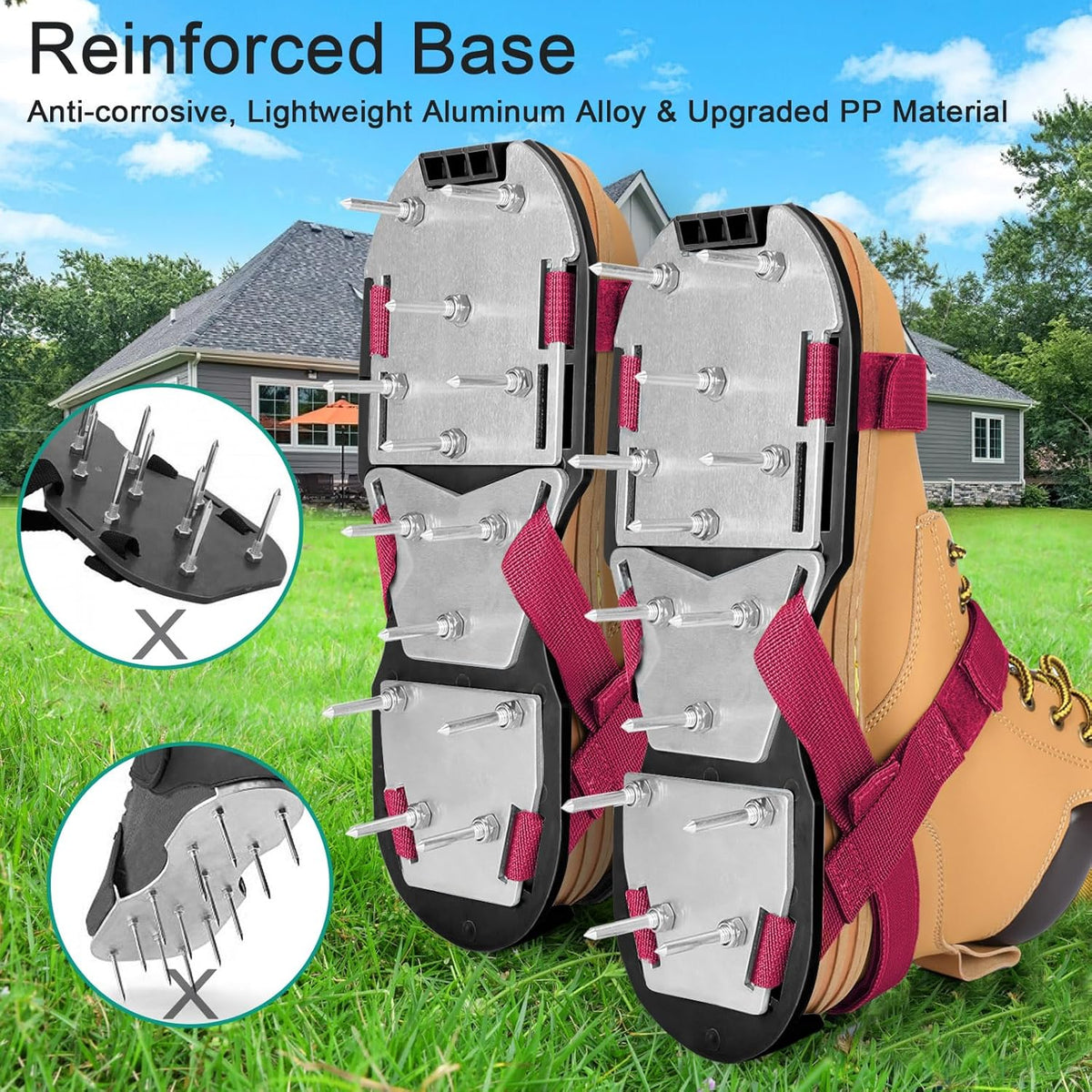 Lawn Aerator Shoes for Grass - Pre-Assembled Grass Aerator Shoes for Lawn - Soil Yard Aerator Tool for Aerating Patio Garden, Red