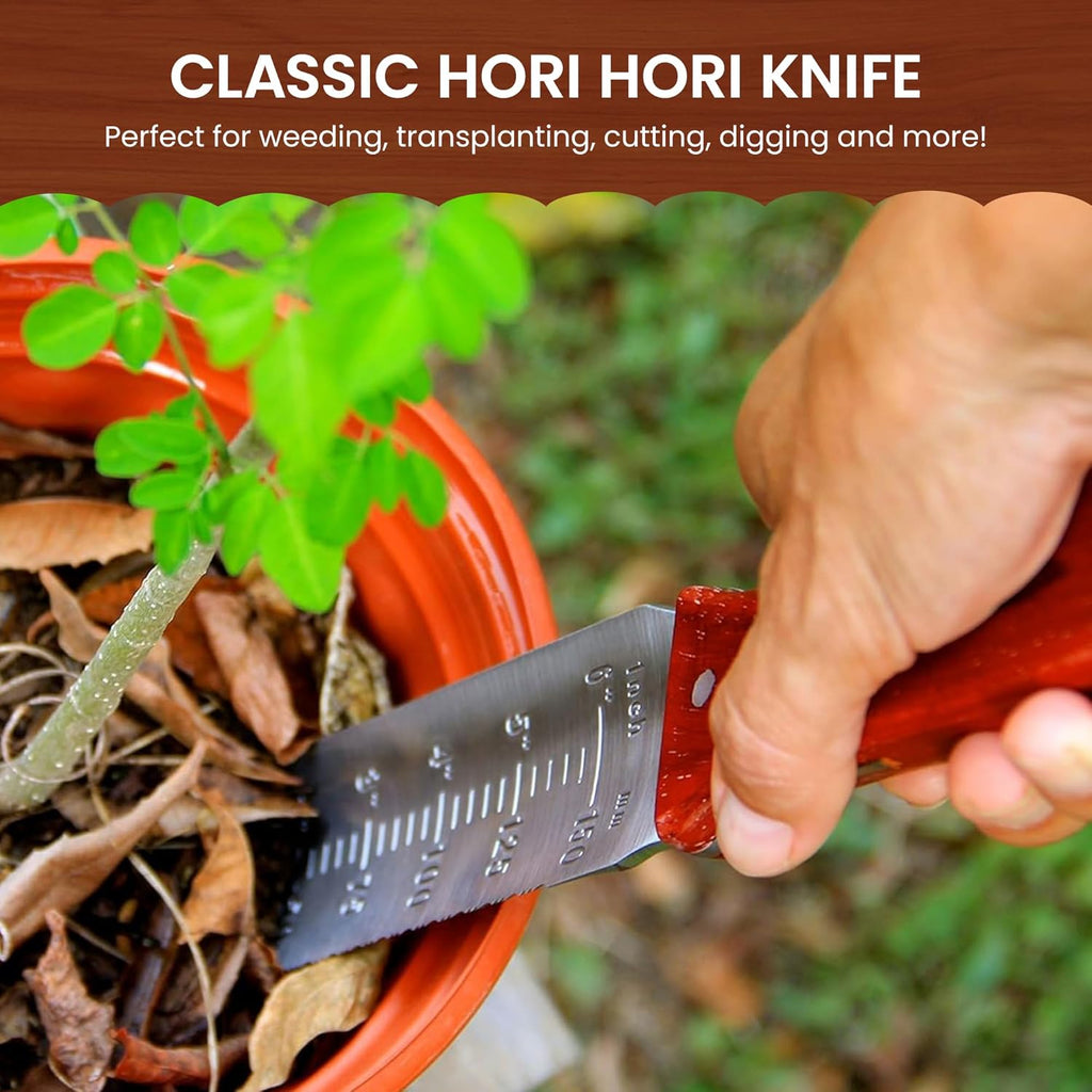 Garden Guru Hori Hori Garden Knife Supreme Set for Weeding, Digging, Pruning, and Cultivating - Stainless Steel Full Tang Blade | Marks for Measuring Planting Depth | Premium Leather Sheath
