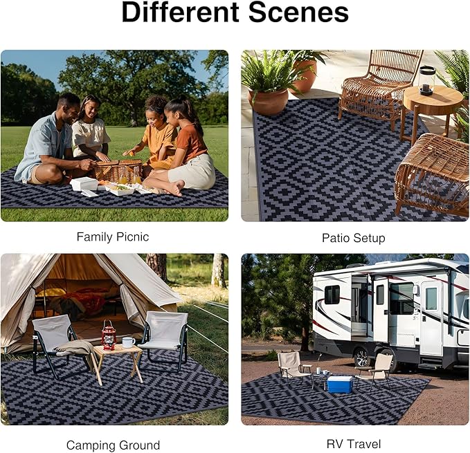 OLANLY Waterproof Outdoor Rug 4x6 ft, Outdoor Plastic Straw Rug for Camping, RV Mat Outside, Indoor Outdoor Carpet for Porch, Deck, Backyard, Balcony, Picnic, Black & Grey