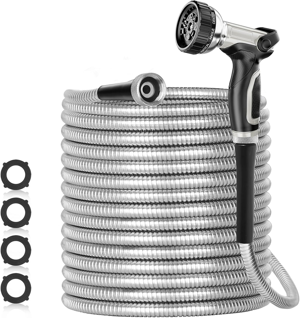 SPECILITE 175ft 304 Stainless Steel Garden Hose Metal, Heavy Duty Water Pipe with Nozzles for Yard, Outdoor - Flexible, Never Kink & Tangle, Puncture Resistant (Sliver)