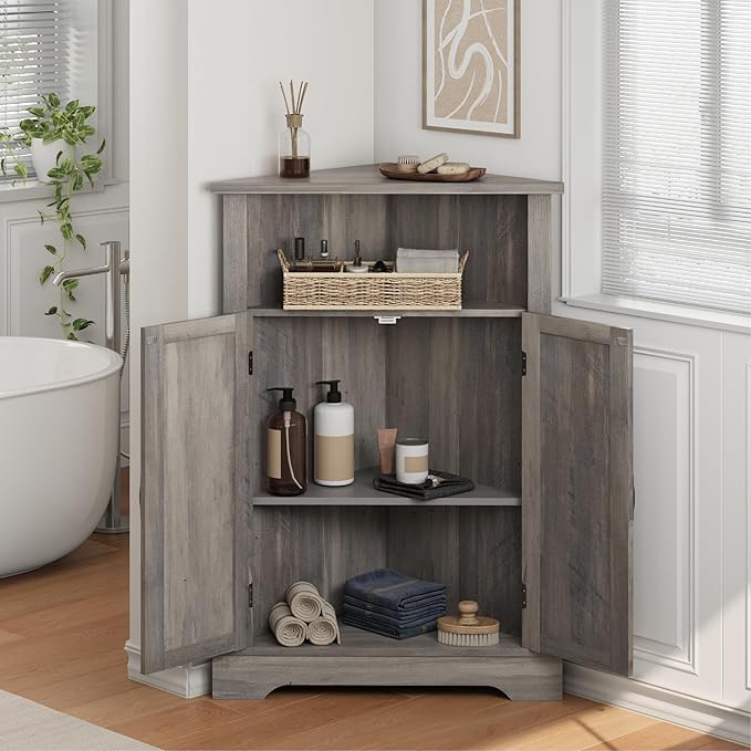 Smuxee Bathroom Corner Storage Cabinet, Farmhouse Floor Corner Cabinet with Barn Door and Adjustable Shelf, Wash Grey Narrow Cabinet Organizer for Bathroom, Living Room, Kitchen