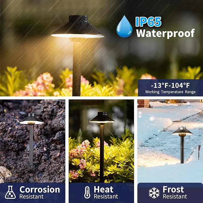 Low Voltage Landscape Path Light Solid Brass, 3 Color Temp Selectable LED Driveway Light Waterproof, Hat Shaped 12V Wired Black for Walkway Garden with 3W 270LM G4 Bulb (12 Pack)