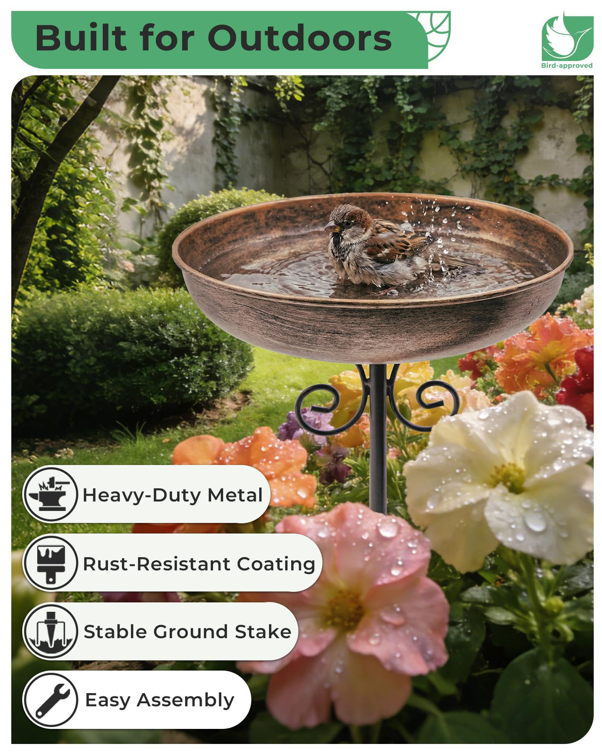 OUISJYER 10" Small Metal Bird Bath with Stake, Outdoor Birdbath for Garden