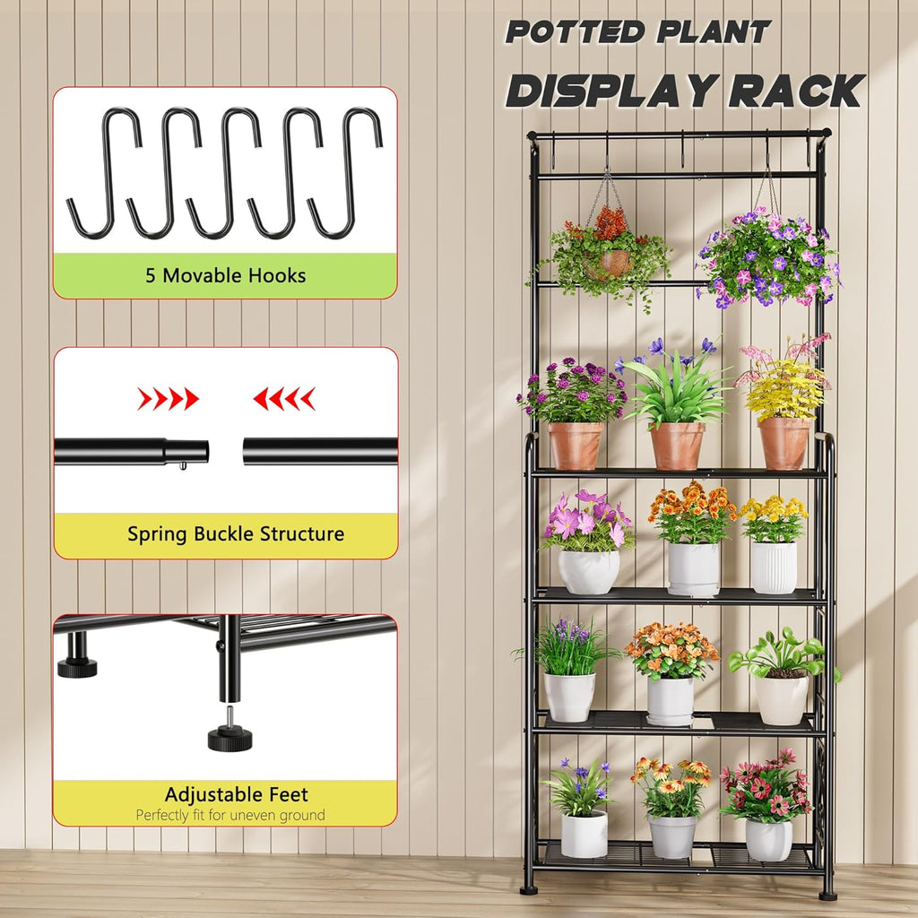 Plant Stand Indoor Outdoor Heavy Duty Metal - 68.4" Tall 4-Tier Shelf for Multiple Plants, Flowers, Rustproof Black Storage Rack for Patio, Balcony, Living Room, Garden, Includes Hooks&Adjustable Feet