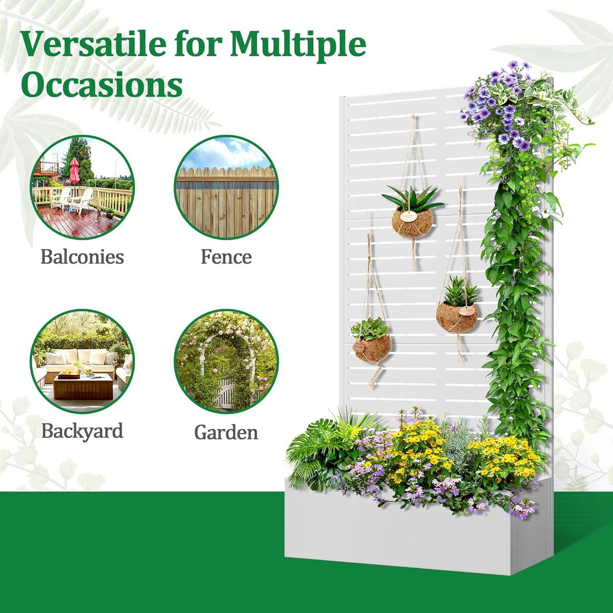 Metal Raised Garden Bed with Trellis, 2 in 1 Trellis with Planter Box & Privacy Screen for Climbing Plants, Vine, Outdoor Standing Flower Beds with Drainage Holes, 35.4"L x 15.7"W x 70.9"H, White