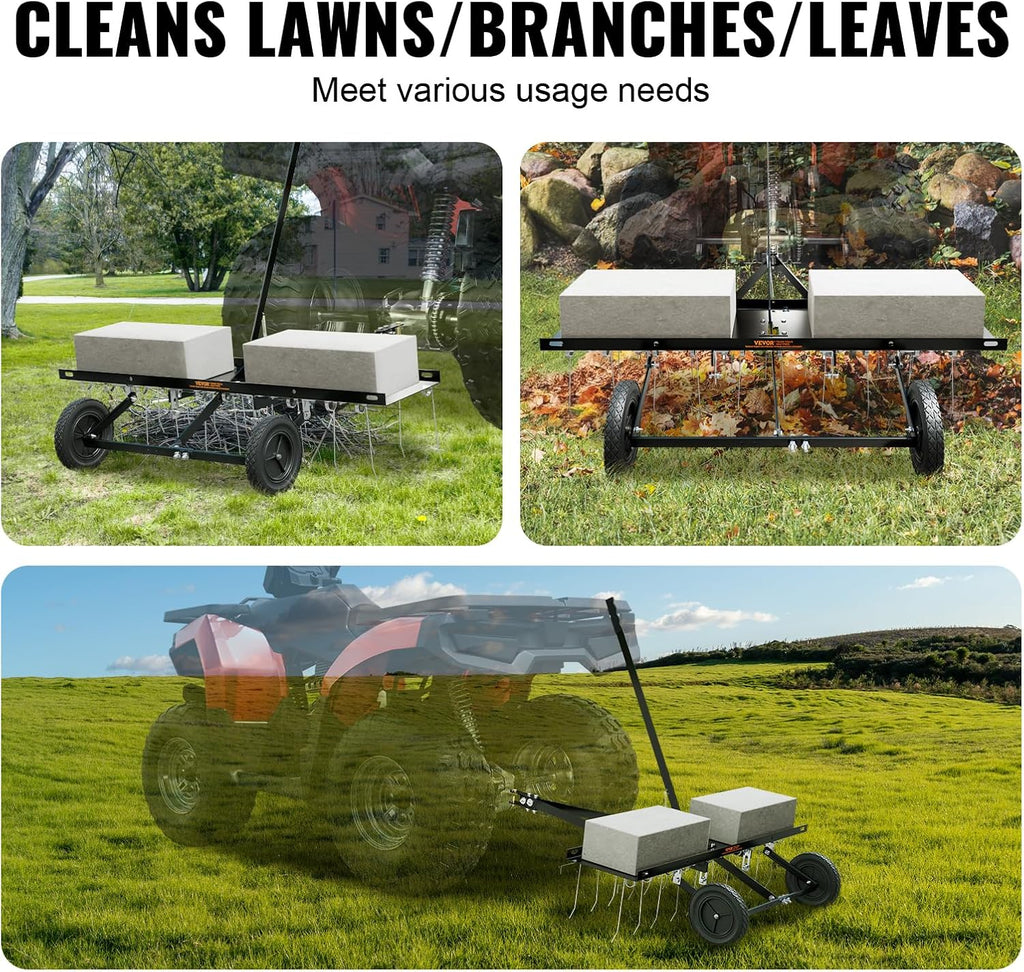 VEVOR Tow Behind Dethatcher, 40-inch Tow Dethatcher with 20 Spring Steel Tines, Lawn Dethatcher Rake for ATV or Mower, Tow Behind Lawn Rake with Lift Handle for Garden Farm Grass