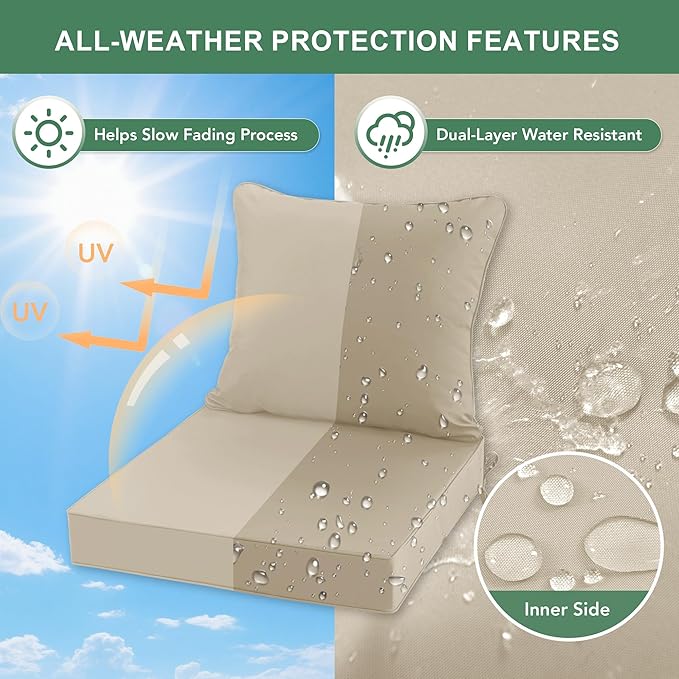 Summsun Outdoor Chair Cushions Set of 2, Waterproof Backrest and Deep Seat Cushion Set for Patio Furniture, Outdoor Sofa Replacement Cushions with Removable Cover, 24 x 24 Inch, Cream