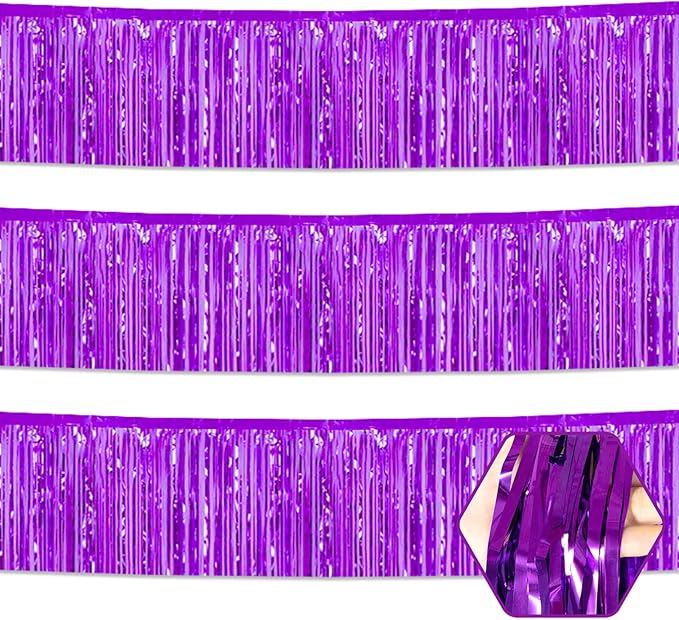 3 Pack 10 Feet Purple Foil Fringe Garland Metallic Tinsel Streamers Banner Wall Hanging Curtain Backdrop for Parade Floats, Christmas Day, Valentine's Day, Thanksgiving, Birthday Party Decorations