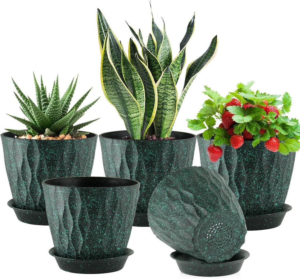 7 inch Plant Pots for Indoor Outdoor Plants, 5 Pack Thick Flower Pots with Drainage Holes and Saucers, 3D Modern Wave Texture Plastic Planter Nursery Pots, Black with Green Speckles