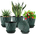 7 inch Plant Pots for Indoor Outdoor Plants, 5 Pack Thick Flower Pots with Drainage Holes and Saucers, 3D Modern Wave Texture Plastic Planter Nursery Pots, Black with Green Speckles