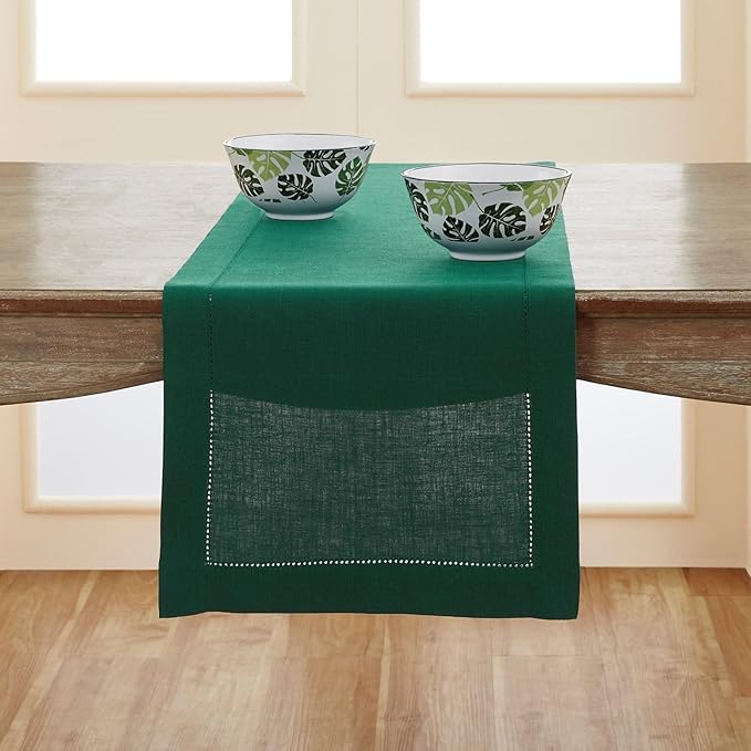Solino Home Linen Rainforest Green Table Runner 144 Inches Long - 100% Pure Linen Extra Long Table Runner 14 x 144 Inch for Fall, Autumn, Thanksgiving - Classic Hemstitch