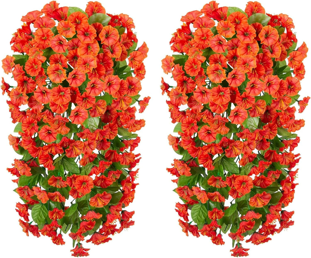 HyeFlora Artificial Fake Fall Hanging Flowers Plants for Outdoor Outside, 2PCS Faux Silk Orange Morning Glory Trailing Vines UV Resistant Look Real for Home Planter Porch Patio