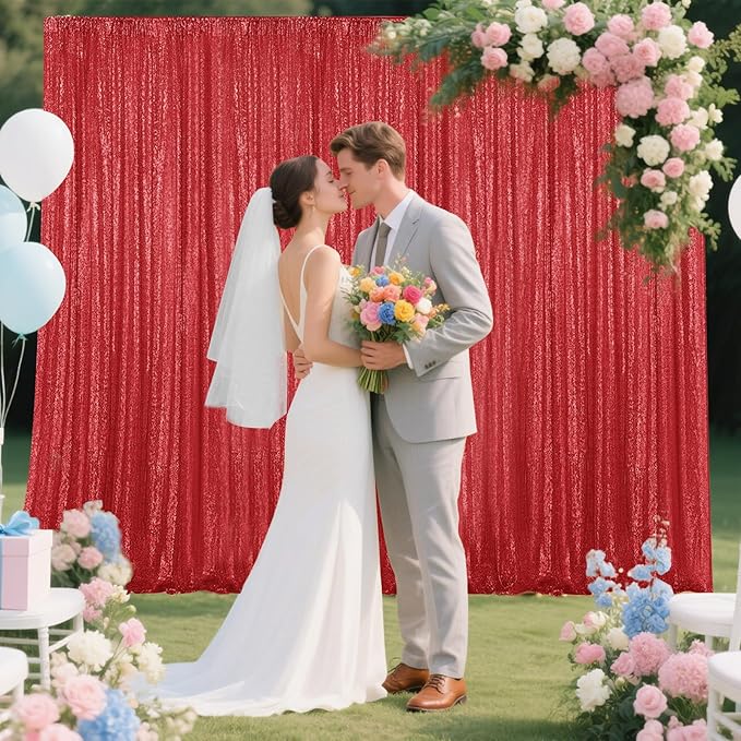 Red Sequin Backdrop Curtain 4 Pieces 2FTx8FT Glitter Photography Backdrop for Party Wedding Birthday Christmas Decorations