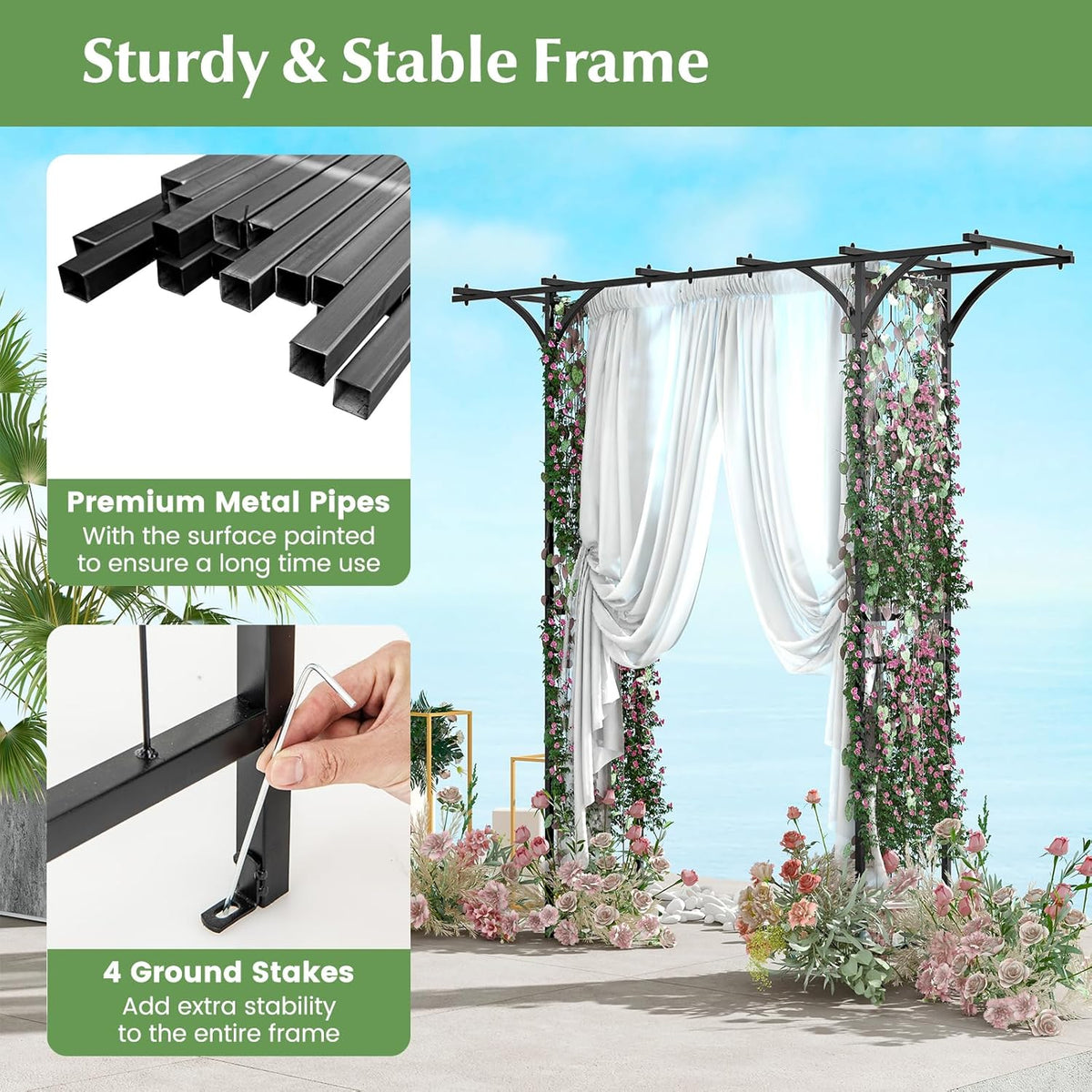 Moccha Garden Arbor, 6.8FT Metal Arbor Trellis for Climbing Plants, Roses, Vines, Outdoor Pergola with Trellises & Extended Roof, Garden Arch for Wedding Ceremony Decoration Lawn Patio Archway