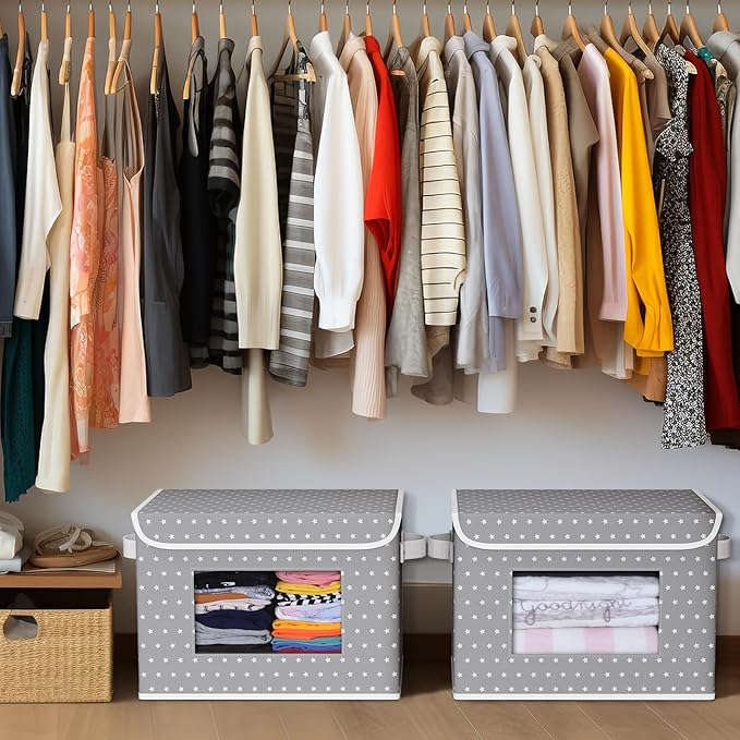 Univivi Fabric Foldable Storage Boxes [4-Pack] Large Collapsible Stackable Storage Bins with Lids, Closet Organizers and Storage Cube Basket for Home, Office, Bedroom (Gray Star, 17”x 12” x 12”)