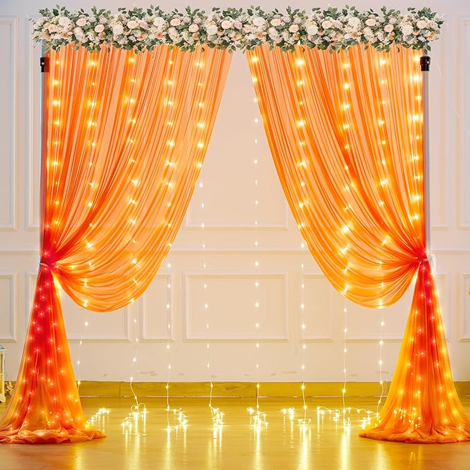 Orange Tulle Backdrop Curtain with Lights String for Parites 10x10ft Sheer Backdrop Curtains Drapes for Birthday Party Baby Shower Wedding Ceremony Prom Halloween Photo Booth Background Decorations