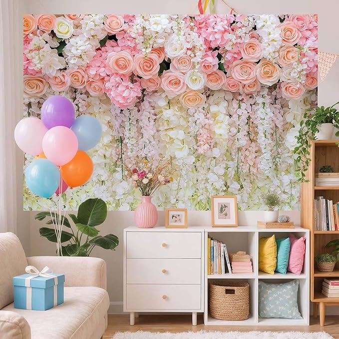 15x10ft Pink Rose Flower Wedding Photography Backdrop Spring Floral Photography Backdrop Valentine's Day Mother's Day Girl Birthday Baby Shower Wedding Bridal Party Banner Photo Booth Props Background