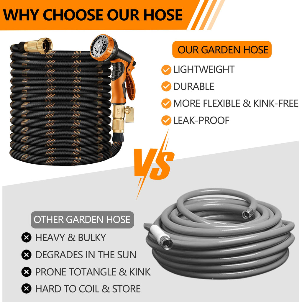 Flexible Garden Hose 100 FT, Ultra Lightweight Water Hoses w/10 Function Sprayer and 3/4" Brass Fittings, Kink-Free, Sturdy, Abrasion Resistant for Yard, Lawn, Outdoor and Gardening(Black Orange)