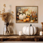 Framed Fall Pumpkin Canvas Wall Art - Farmhouse White & Orange Pumpkins Still Life Pictures Prints, Autumn Halloween Thanksgiving Wall Decor for Living Room Kitchen 12x16 inch