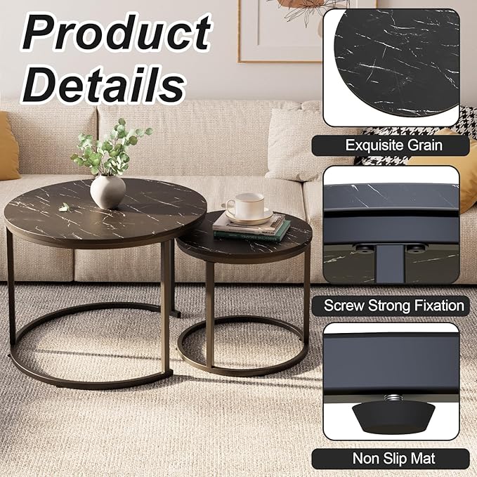 aboxoo Round Nesting Coffee Table Side Set of 2 End Tables for Living Room Bedroom Balcony,Black Faux Marble Wooden Table 23.6IN Accent Large Coffee Table with Steel Frame