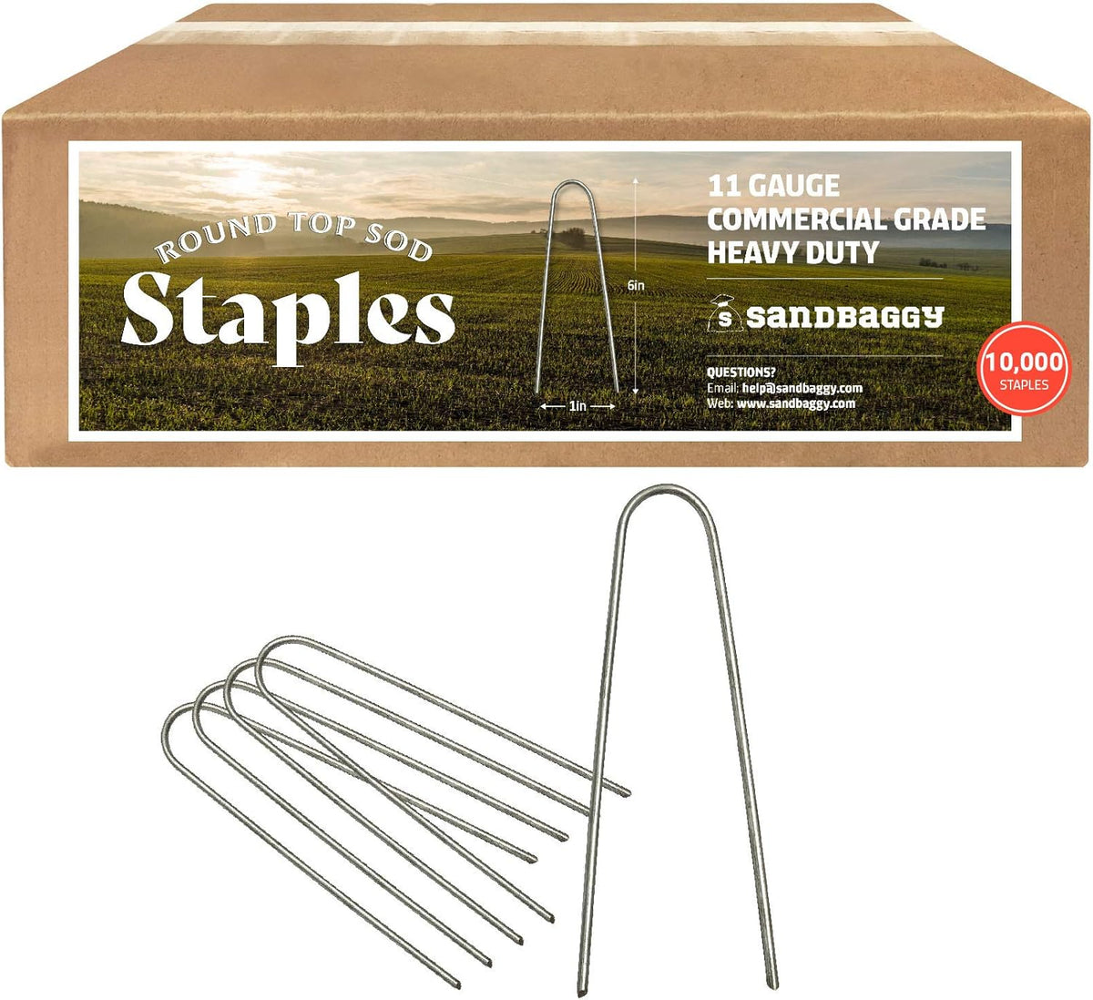 Sandbaggy Round Top 6-Inch Landscape Staples ~ SOD Garden Stakes Square Pin for Ground Cover Fabric & Drip Irrigation Tubing (10,000 Staples)