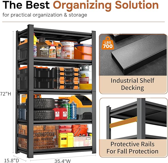 72" H Garage Shelving 5 Tier Shelving Unit, 3500Lbs Adjustable Metal Garage Storage Shelves Heavy Duty for Basement, Warehouse, Kitchen, Pantry (72'H X 35''W X 16''D)