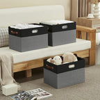 Large Collapsible Fabric Storage Bins with 3 Handles, Foldable Organizer Baskets for Closet, Shelves, Living Room | 3 Pack, Durable PU & Metal Handles (17"x11.8"x11.8", Black & Gray)