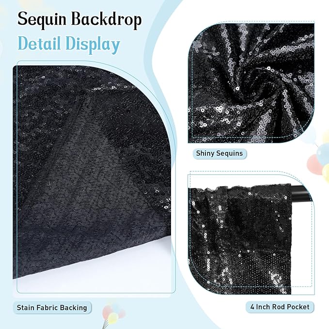 SquarePie Sequin Backdrop Less See Through Thick Background Glitter Curtain for Halloween Party 7FT x 7FT Black