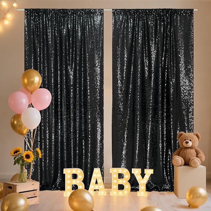 SquarePie Sequin Backdrop Curtain 8FT x 10FT Black Satin Backing Fabric Photography Background for Wedding Patry 4FT x 10FT 2 Panels