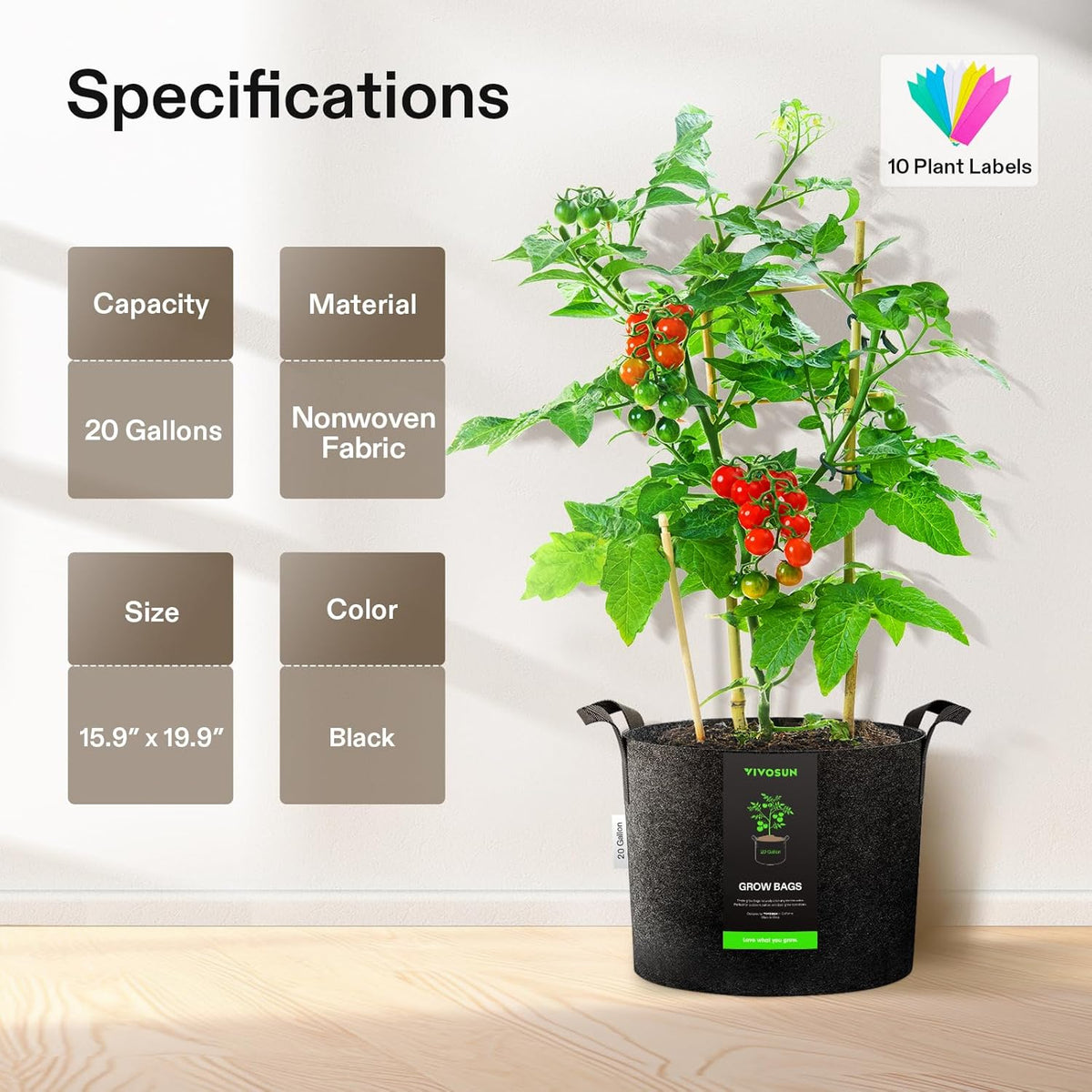 VIVOSUN 10-Pack 20 Gallon Grow Bags, Reinforced Planter Fabric Pots for Gardening Black