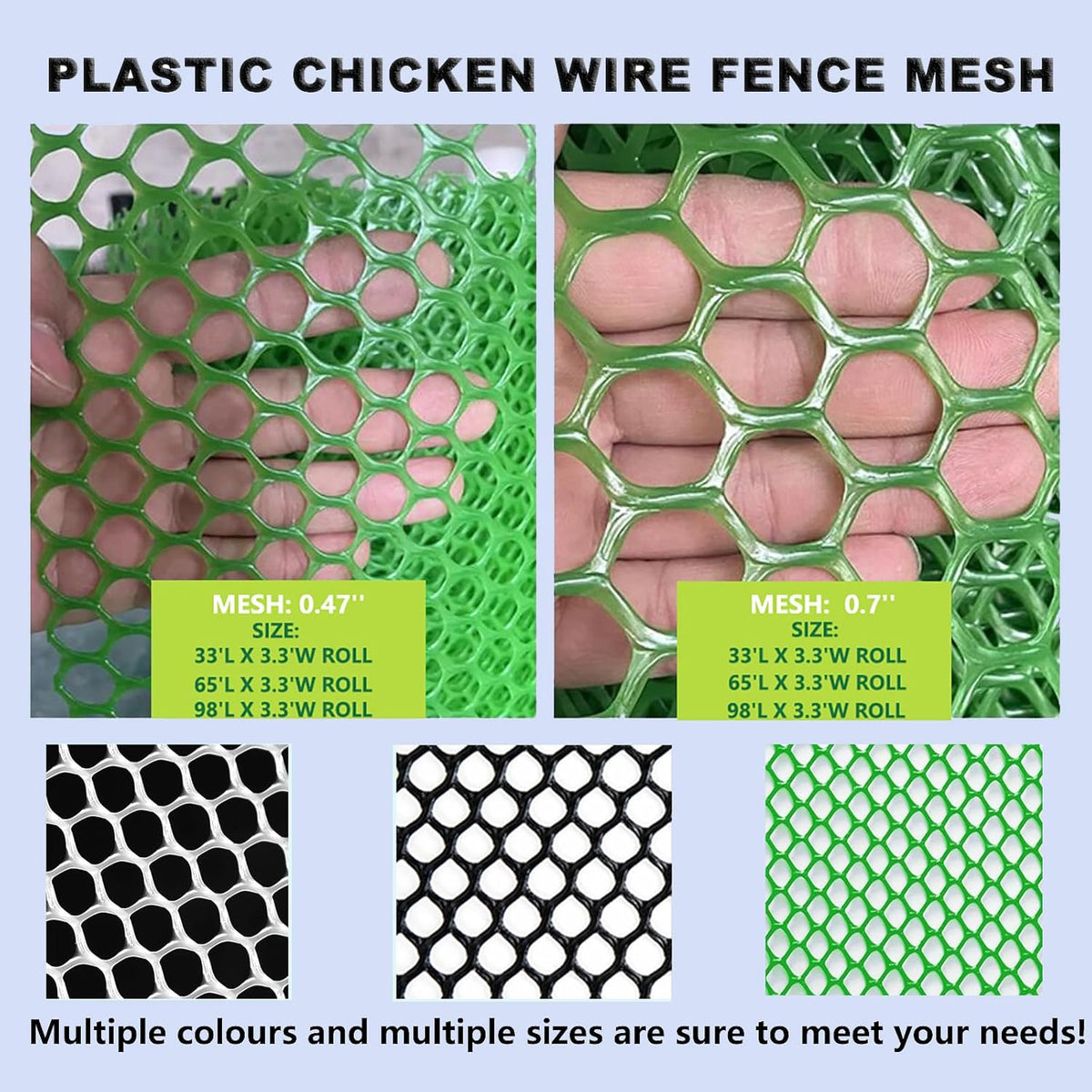 Upgraded Plastic Chicken Wire Fence Mesh 0.7in Poultry Animal Barrier Fence Garden Netting for Farm Poultry Chicken Netting Width 3.3ft(Size:98'L x 3.3'W Roll,Color:Green)