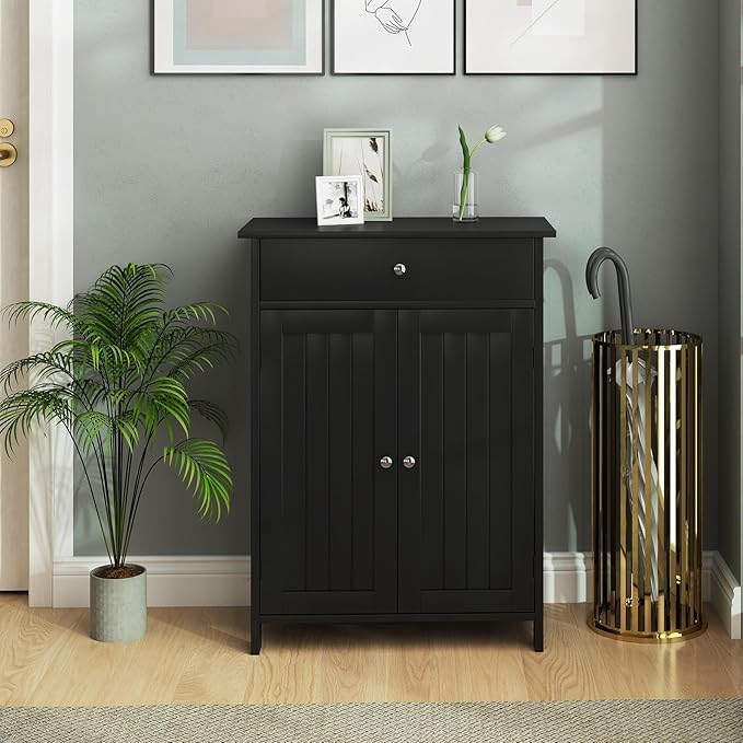 Giantex Storage Cabinet, Freestanding Bathroom Cabinet with 2 Doors, 1 Drawer, 3-Level Adjustable Shelf, Modern Wooden Storage Organizer for Laundry Room, Entryway, Living Room (Black)