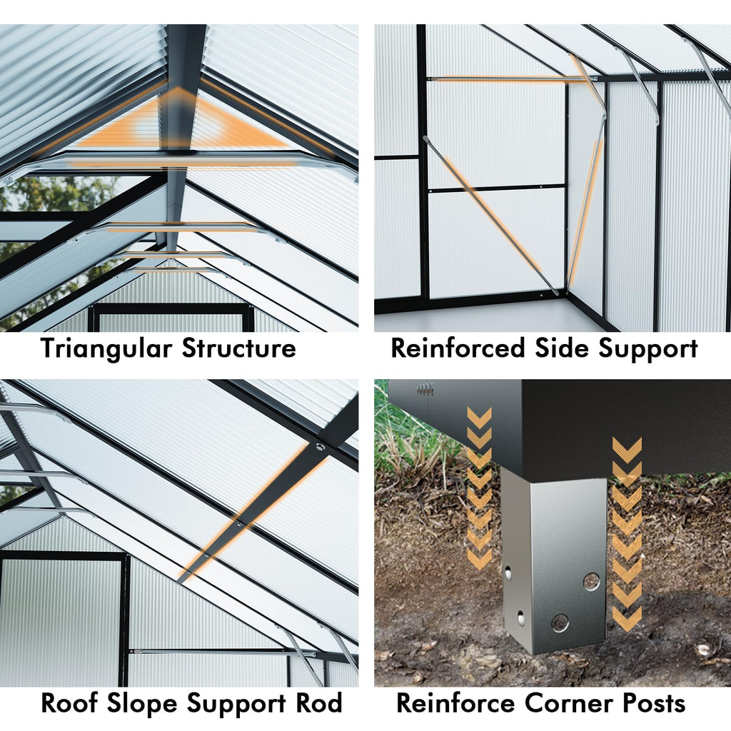 8X10FT Enhanced Aluminum Walk-in Greenhouse for Outdoors with Thermometer