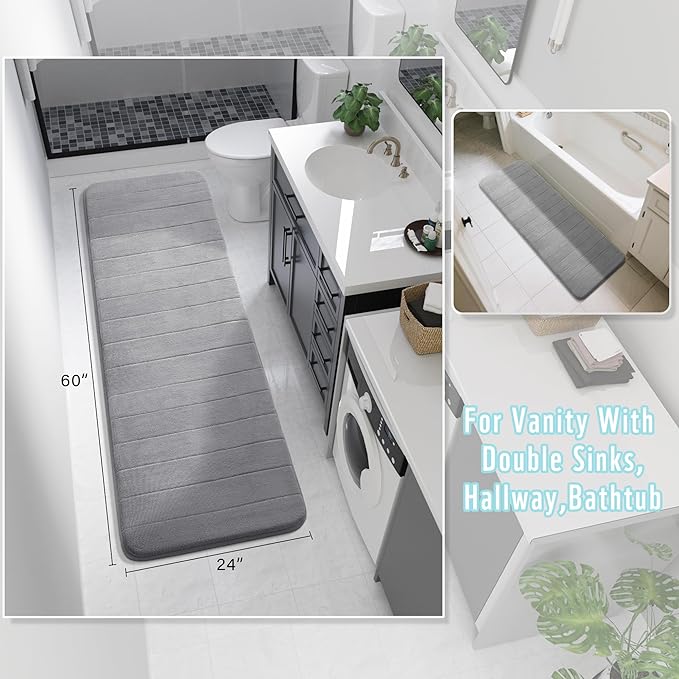 Yimobra Bathroom Runner 60"x24", Non Slip Memory Foam Bath Mat, Super Soft Water Absorbent Hallway Carpet, Machine Washable Rug for Vanity Tub Shower, Gray